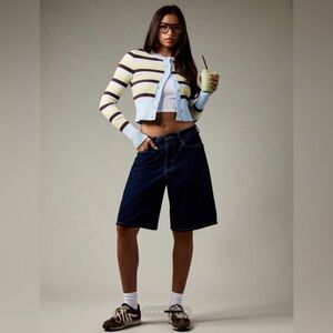 Y2K Free People inspired Striped Pastel Cropped Button-Up Sweater - Light Blue